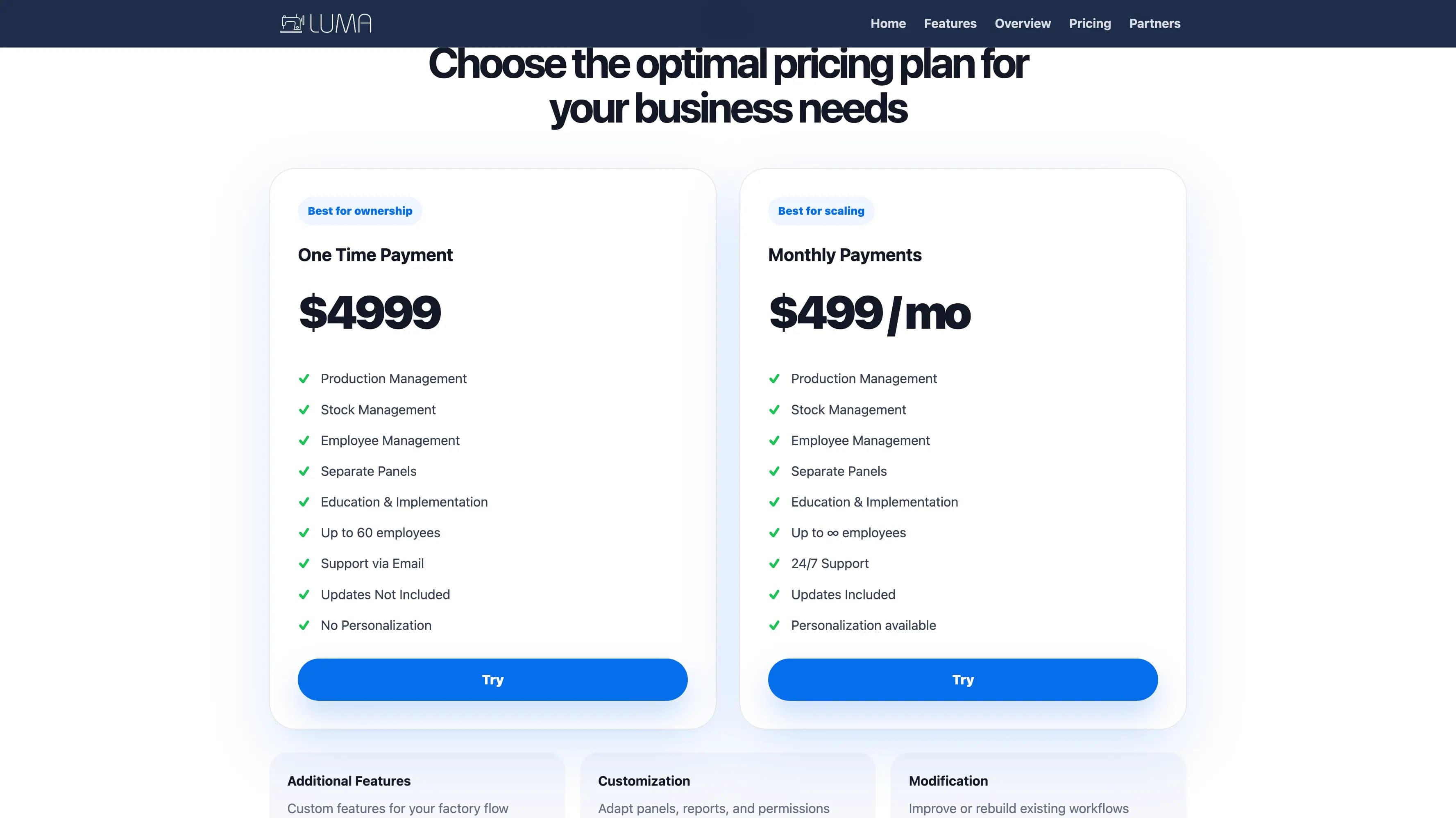 Luma ERP features section web design