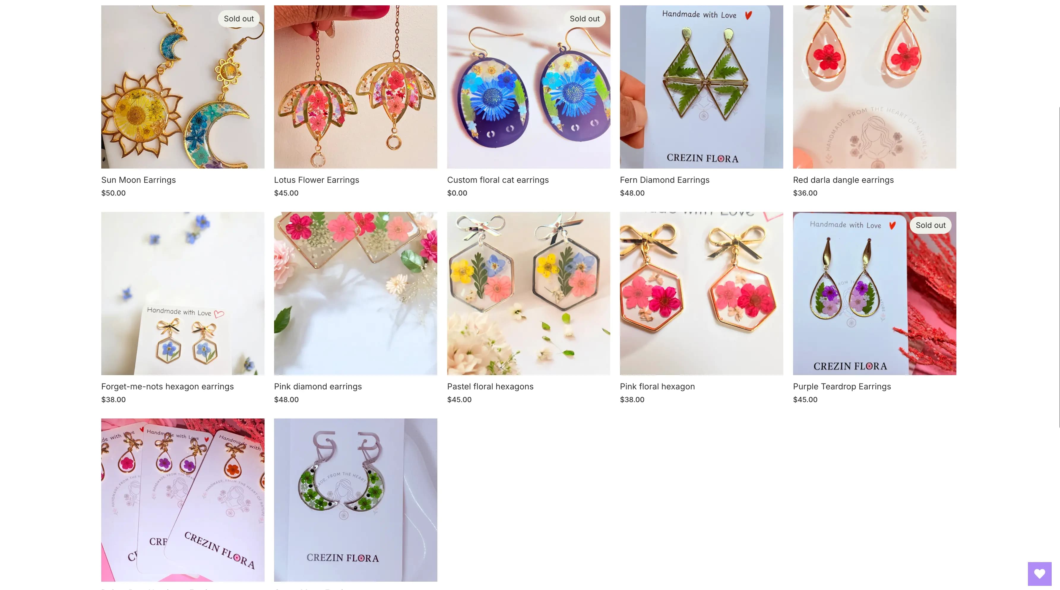 Crezin Flora handmade jewellery product page